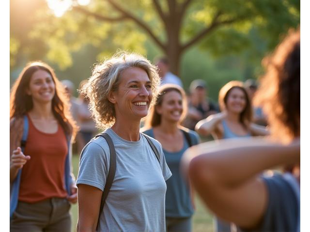 Diverse group of people participating in an outdoor wellness workshop in Austin, Texas, smiling and engaged.