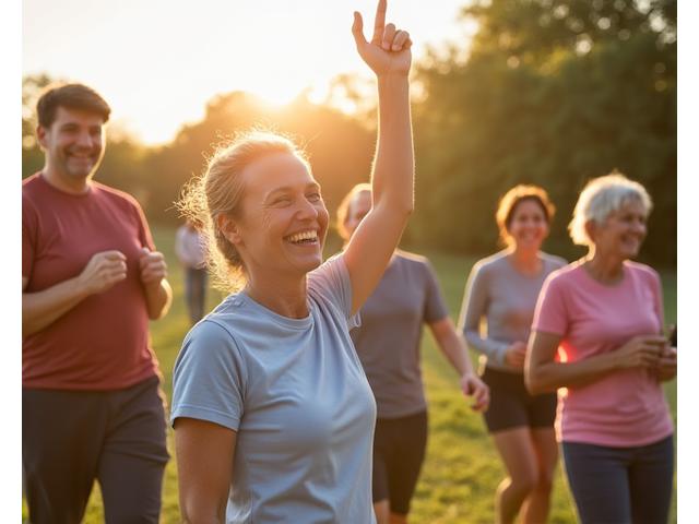 Diverse group of adults in Austin thriving in a green, vibrant park setting, smiling and engaging in light activity.