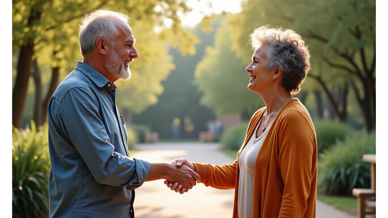 Two diverse adults smiling and shaking hands, signifying connection and partnership