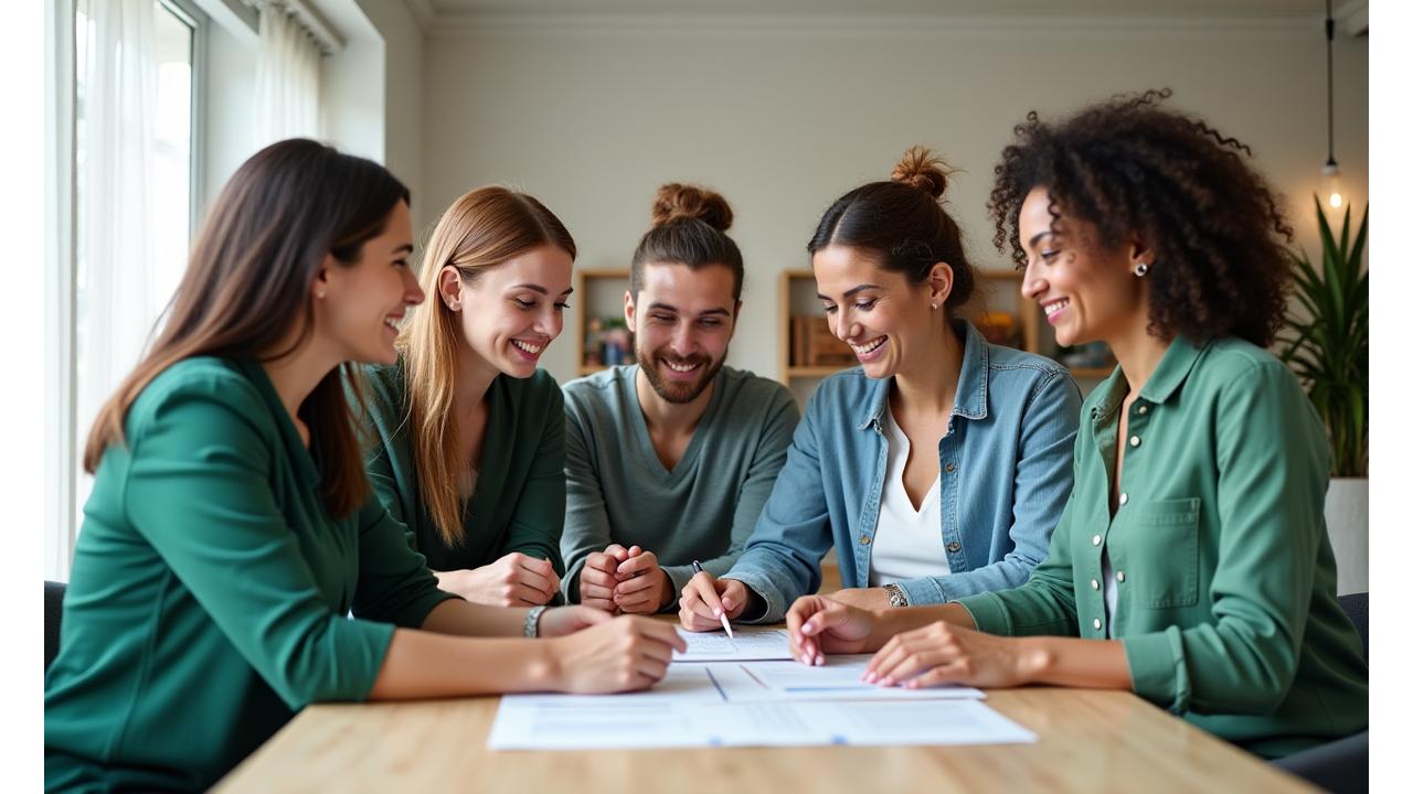 Diverse group of wellness experts collaborating and looking engaged