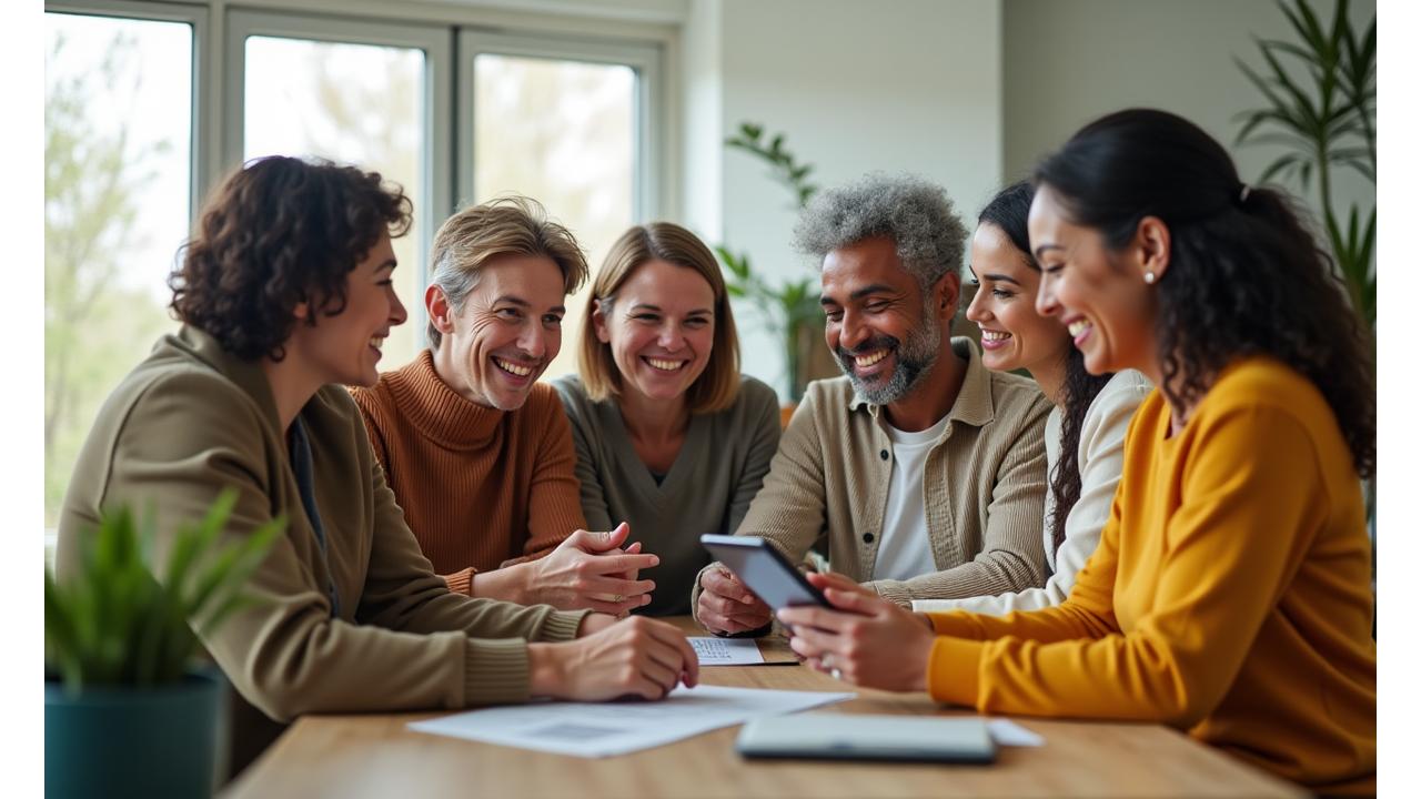 Diverse group of adults interacting happily in a community setting, vibrant and engaging