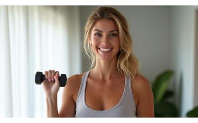 Woman lifting light weights smiling