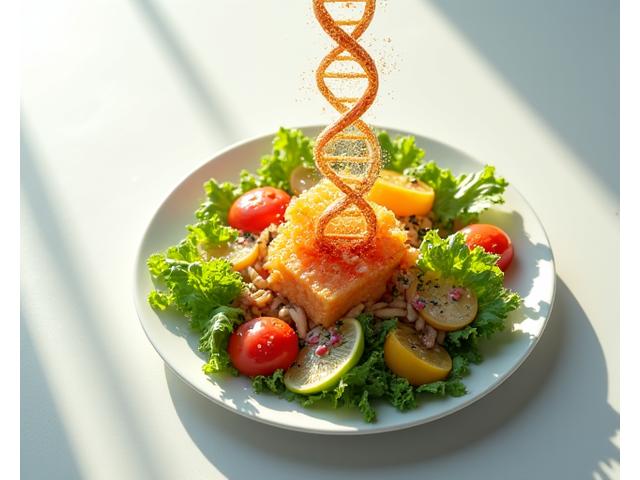 Healthy meal on a plate with an abstract DNA strand overlay, representing personalized nutrition