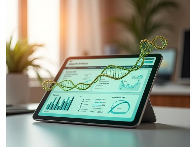 Medical chart showing health metrics with abstract DNA helix patterns, representing genetic risk assessment