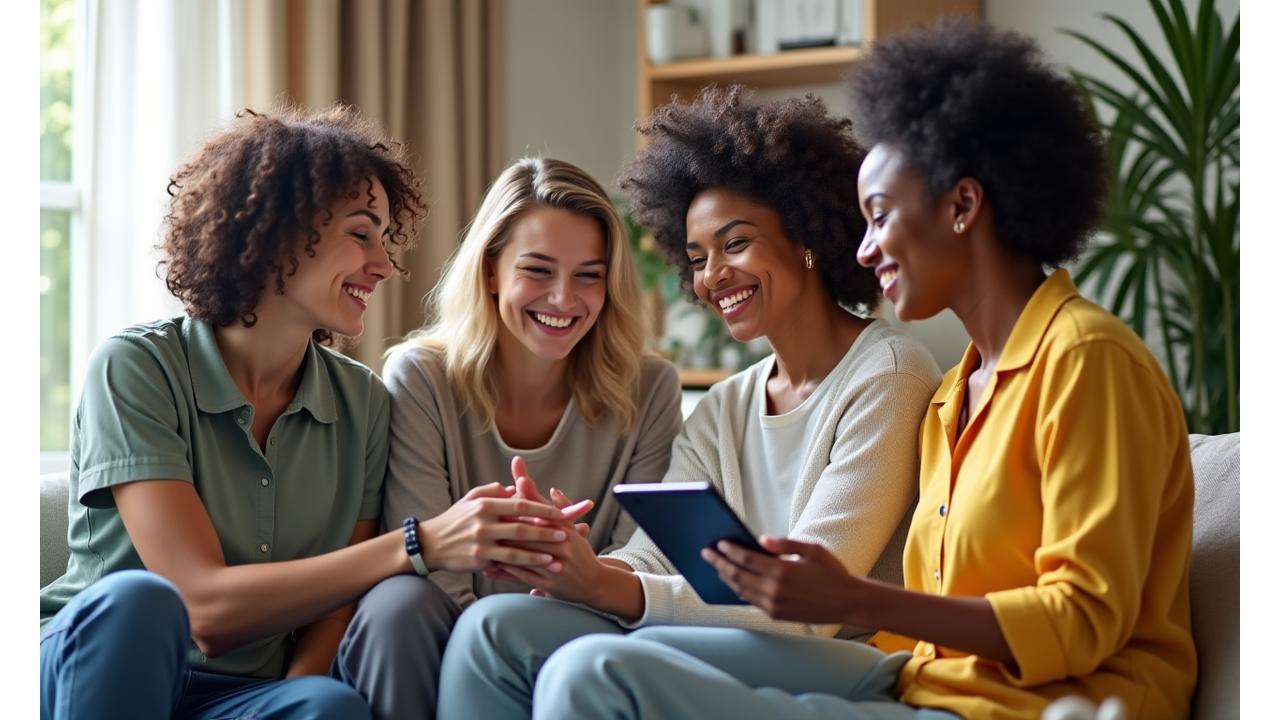 A diverse group of adults collaborating on health goals in a modern, light-filled wellness space, with subtle genetic motifs
