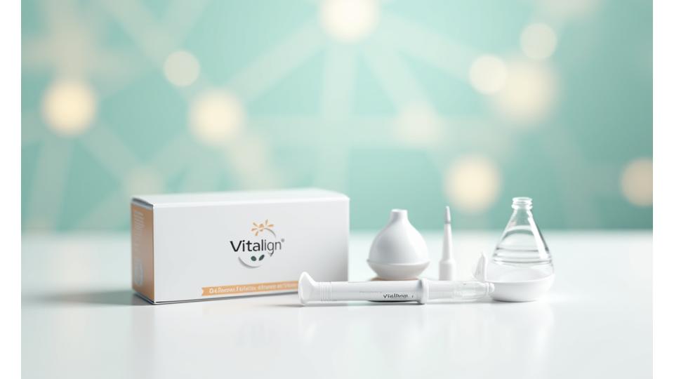 A saliva collection kit with an abstract genetic infographic in the background