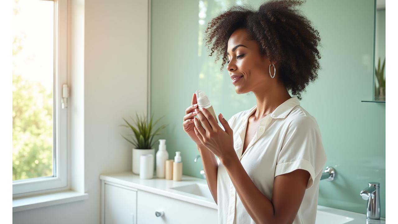 A woman applying a skincare product in a well-lit bathroom, demonstrating a daily routine
