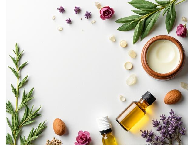 Various natural ingredients like herbs and essential oils for skincare