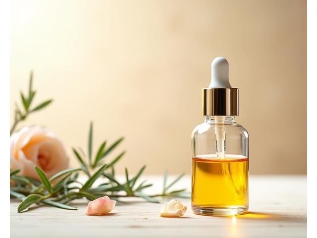 Close-up of a glass bottle of natural face serum with botanical elements