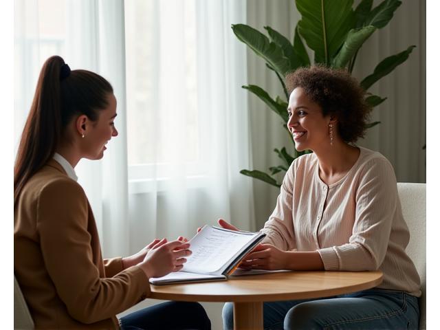 A wellness coach guiding a woman through a personalized program, showing support and progress