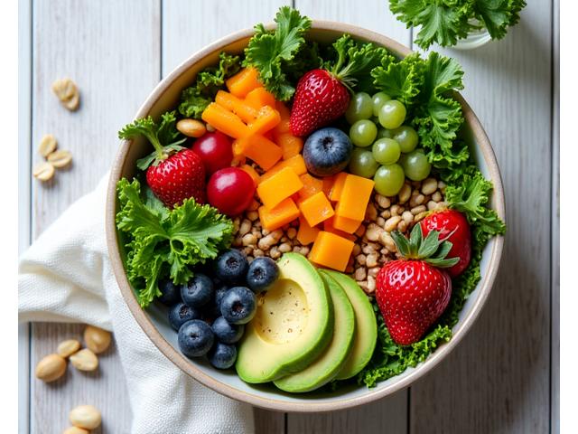 A vibrant bowl of fresh salad with leafy greens, colorful vegetables, and nuts, representing healthy nutrition