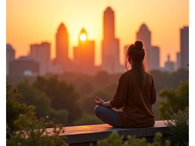 Person meditating peacefully on a rooftop garden overlooking the Austin skyline at sunset