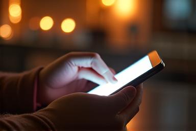 Person looking at a smartphone with a soft glow, symbolizing balanced digital use, not addiction, perhaps with a background of nature or calm.