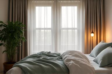 A serene bedroom scene with soft lighting, comfortable bedding, and minimal clutter, suggesting deep sleep and relaxation.