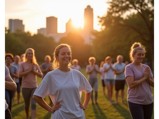 A diverse group of adults meditating outdoors in an Austin park, indicating community and local connection.