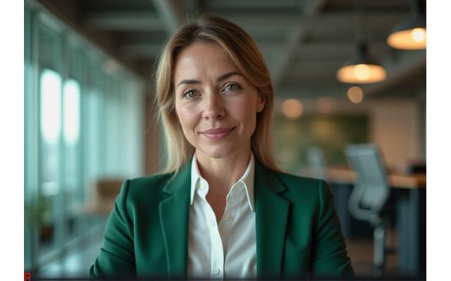 Professional woman focused and calm during a virtual meeting, symbolizing mindful presence.