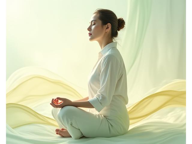 Woman meditating calmly amidst abstract representations of challenging situations, representing mental resilience.