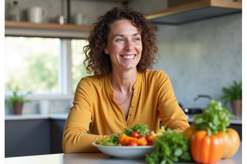 Happy woman enjoying a healthy meal, representing successful weight management