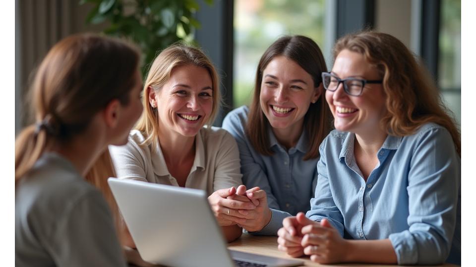 Diverse group of adults in a supportive online community, smiling, conversing on laptops and tablets, depicting connection and shared wellness journey.