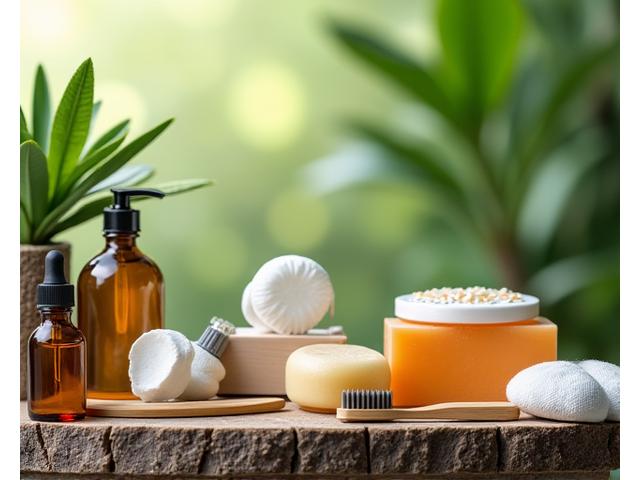 Assortment of ethically sourced, non-toxic personal care and home wellness products on a wooden surface with green leaves