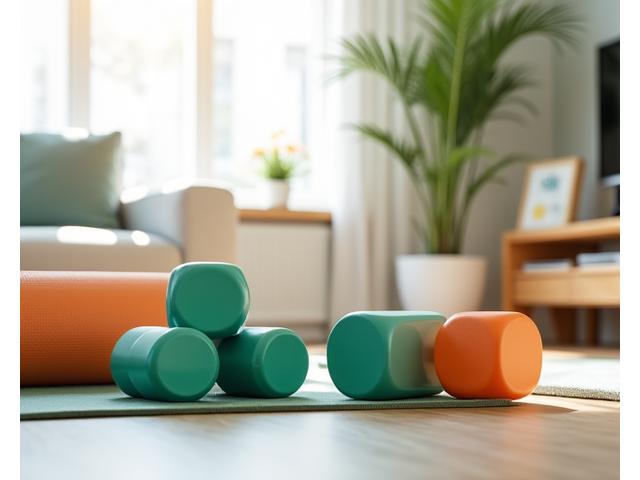 Compact home gym equipment like resistance bands, adjustable weights, and a yoga mat, neatly arranged