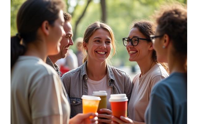 A diverse group of adults smiling and engaging in conversation at a community wellness event, symbolizing connection and support.