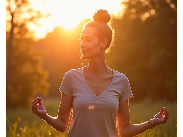 A tranquil scene of an adult practicing yoga outdoors at sunrise, embodying well-being and vitality.