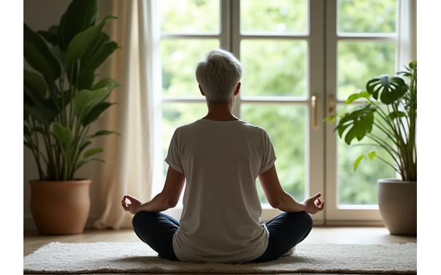 An adult in a comfortable, bright space practicing mindful meditation, holding hands in a calm gesture.